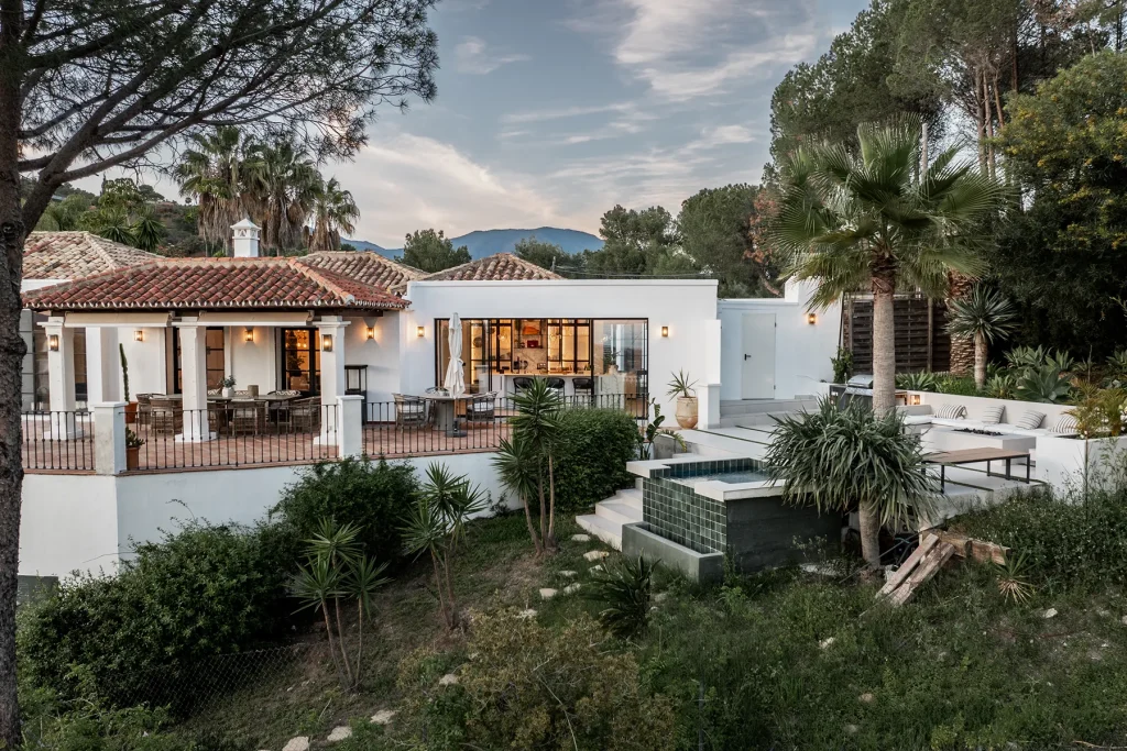 back terrace of luxury property in El Madroñal spain with spa and terrace