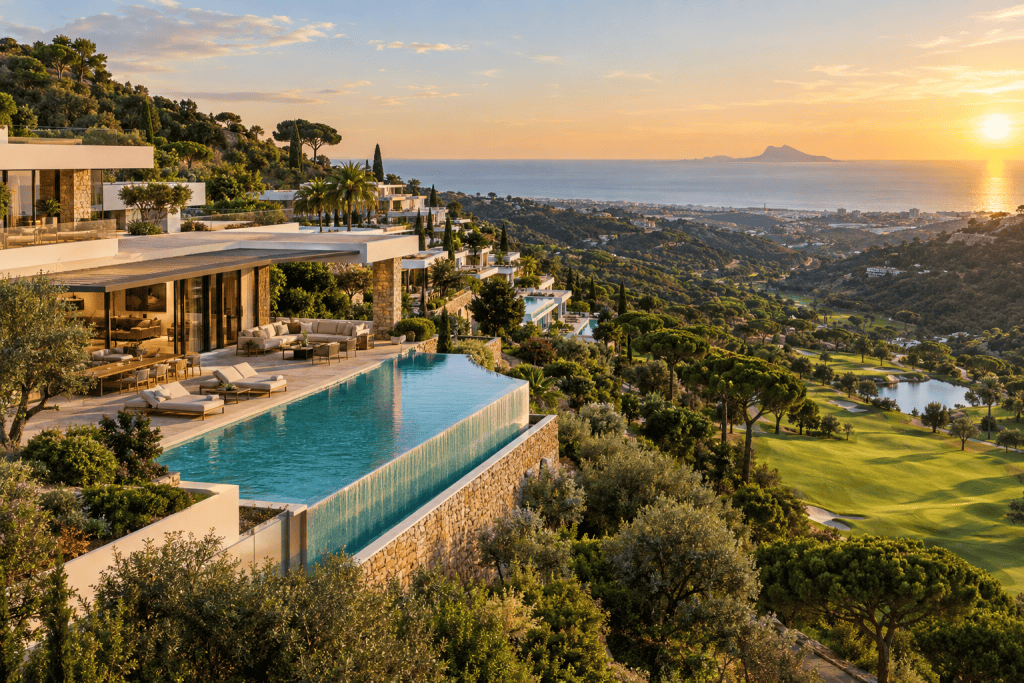 Luxury homes in Benahavís overlooking golf courses, wooded landscapes and the Mediterranean coast.