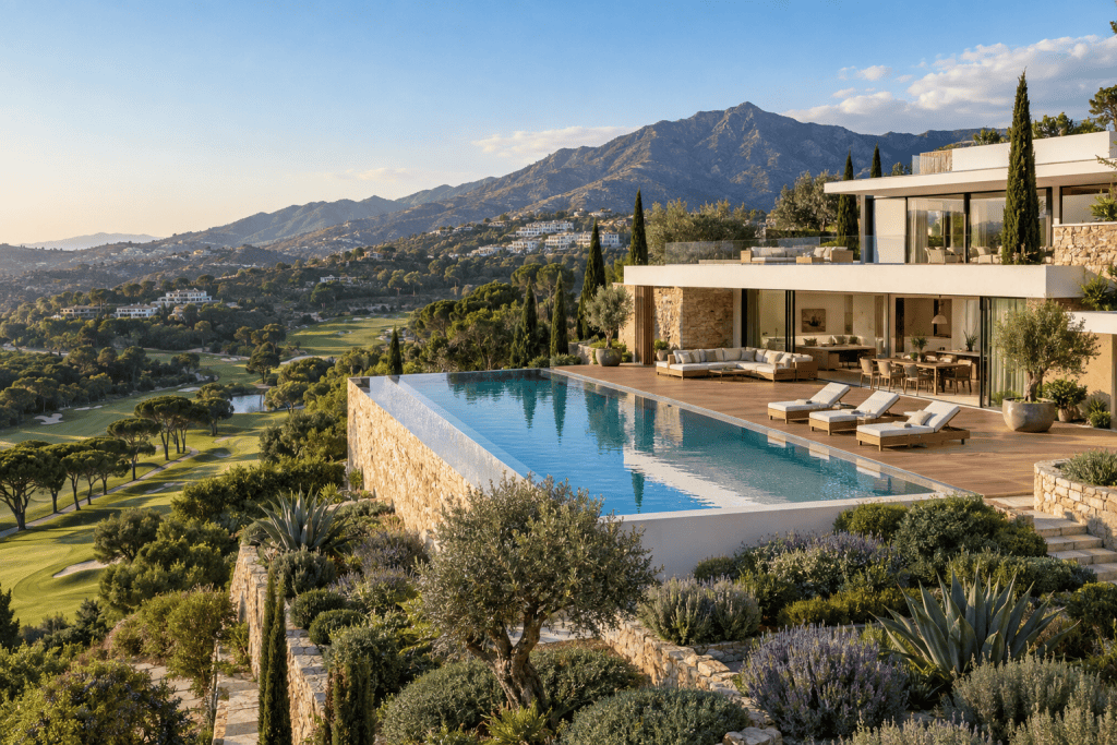 Luxury villa in Benahavís overlooking landscaped grounds and a golf course.